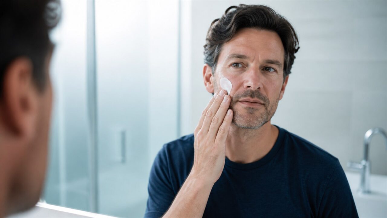 明るい洗面空間で男性が保湿剤を頬になじませる様子