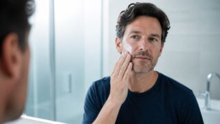 明るい洗面空間で男性が保湿剤を頬になじませる様子