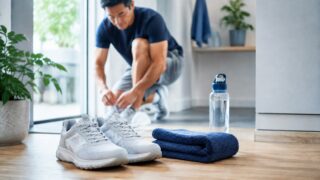 ウォーキング用の靴とタオルと水分を準備した明るい玄関