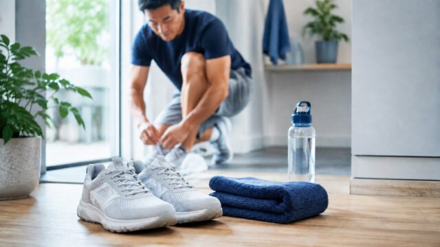 ウォーキング用の靴とタオルと水分を準備した明るい玄関