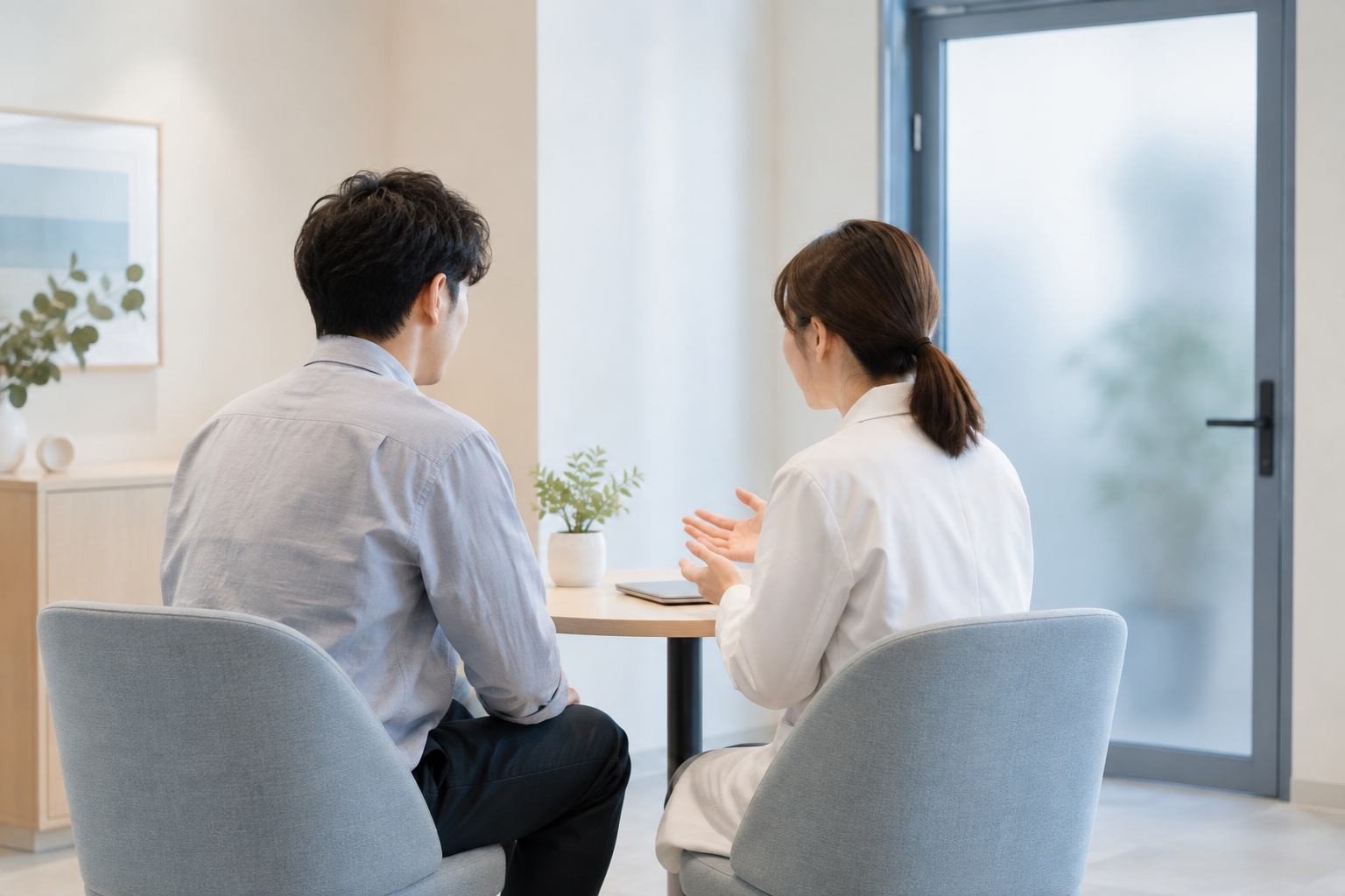 個室でカウンセリングを受ける男性のイメージ