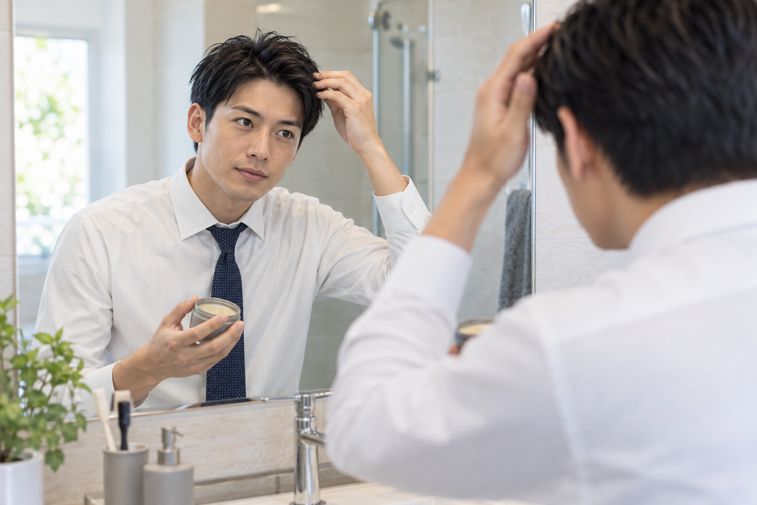 鏡の前で短髪を整える男性