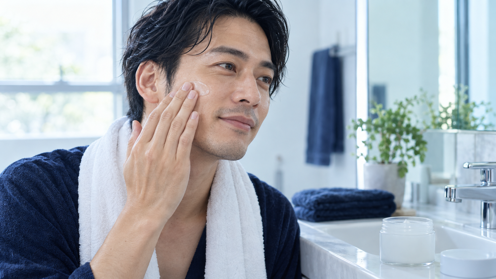 洗顔後の頬に保湿ジェルをやさしくなじませる男性