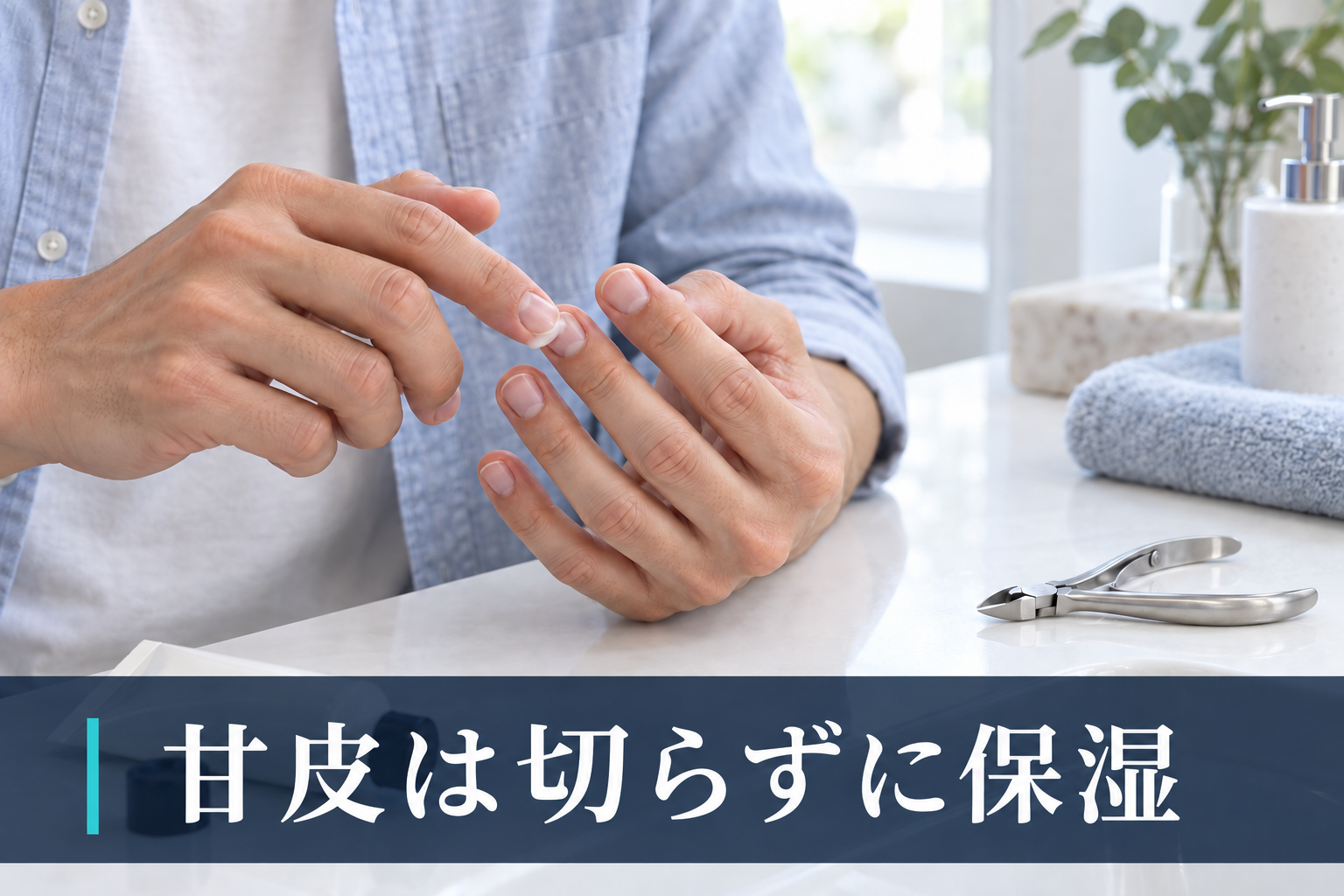 男性が爪の根元に保湿剤をなじませるイメージ。甘皮は切らずに保湿
