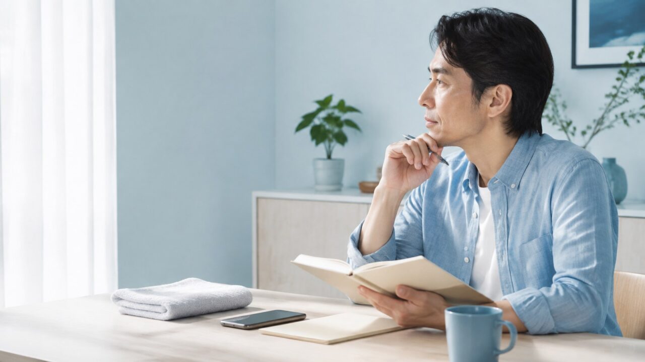 皮膚科相談に向けて質問を整理する日本人男性