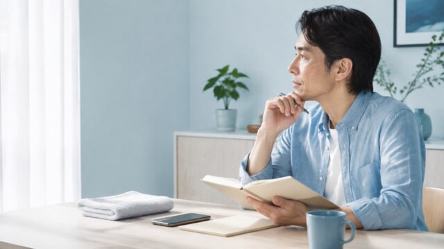 皮膚科相談に向けて質問を整理する日本人男性