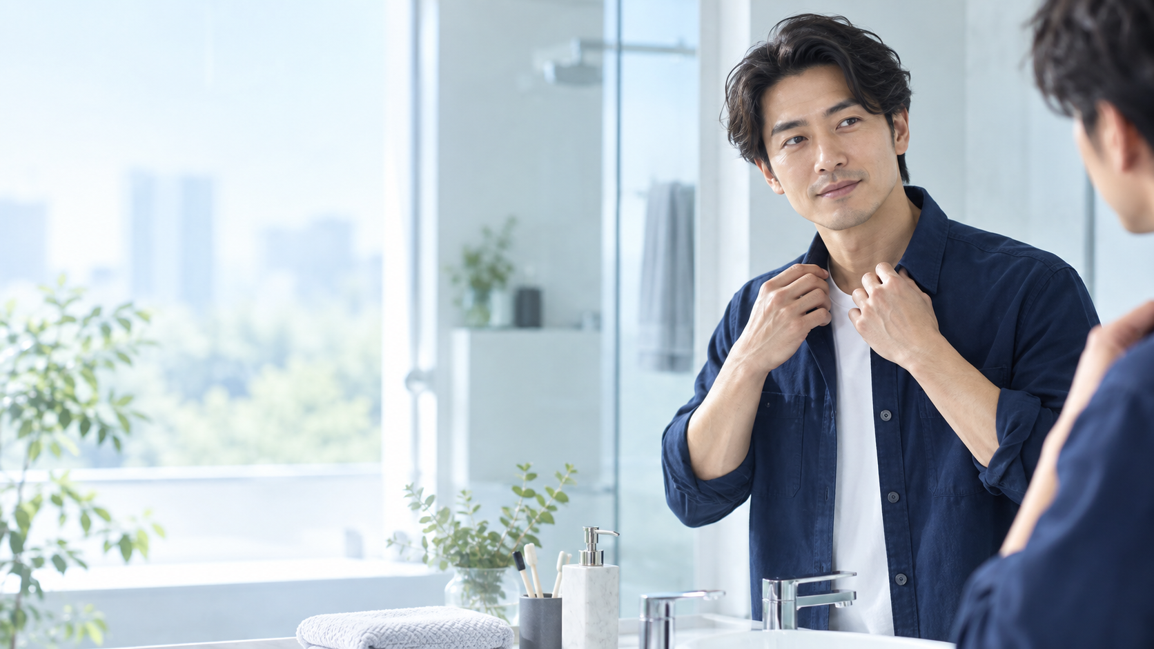 鏡の前で身だしなみを確認する男性