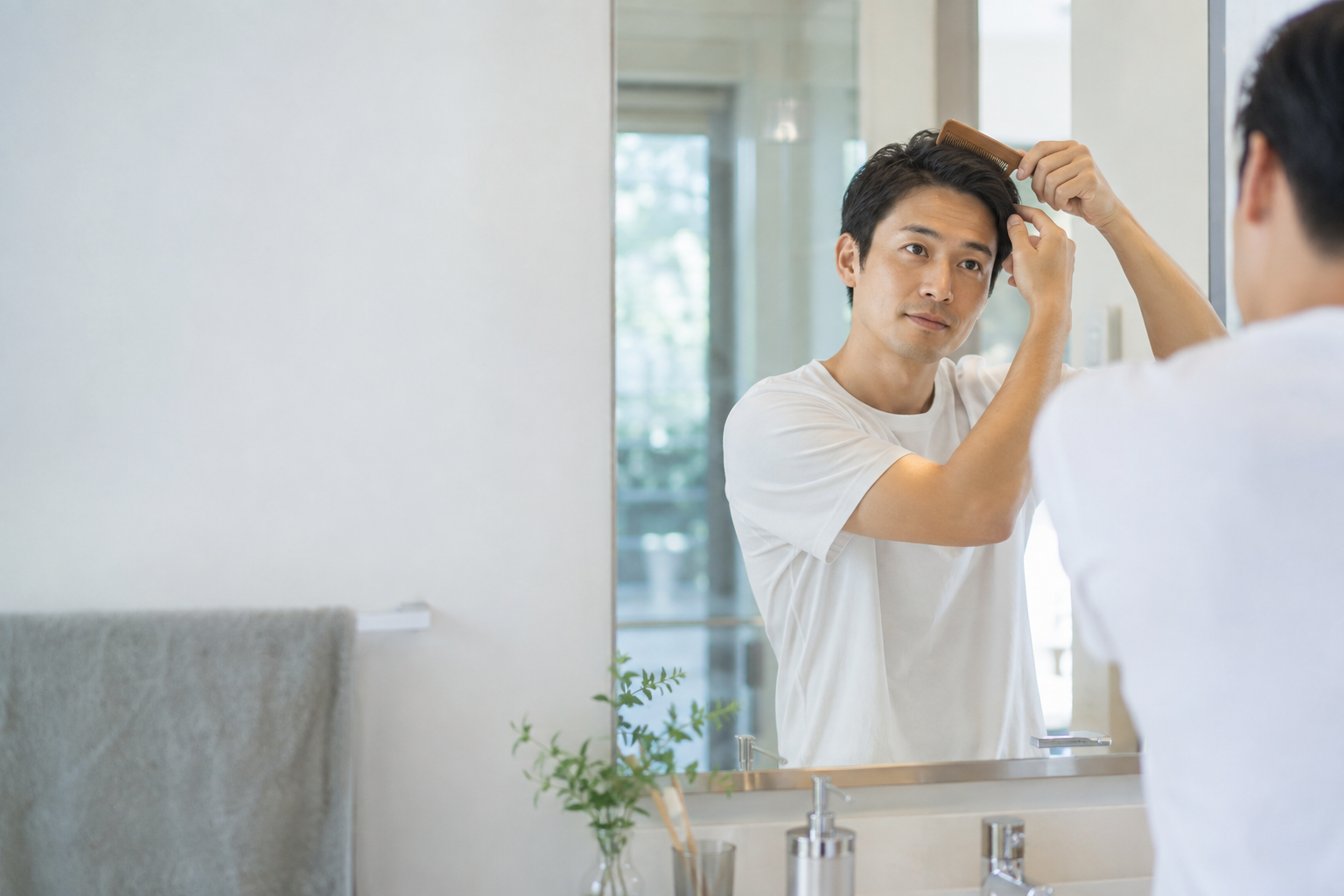 髪を整える男性
