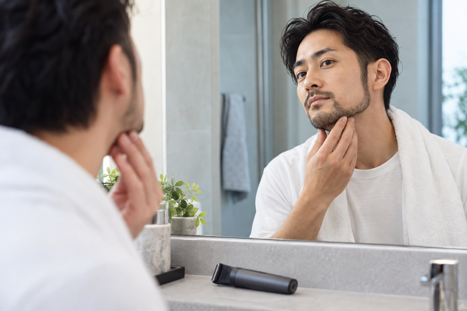 ヒゲを整える男性