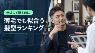 薄毛でも似合う髪型を美容師と相談する男性。伸ばして隠す前に髪型を考えるイメージ