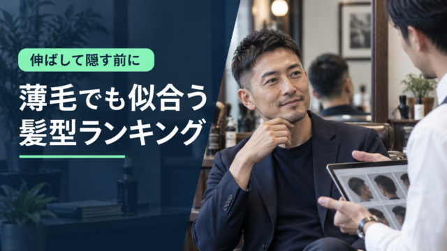 薄毛でも似合う髪型を美容師と相談する男性。伸ばして隠す前に髪型を考えるイメージ