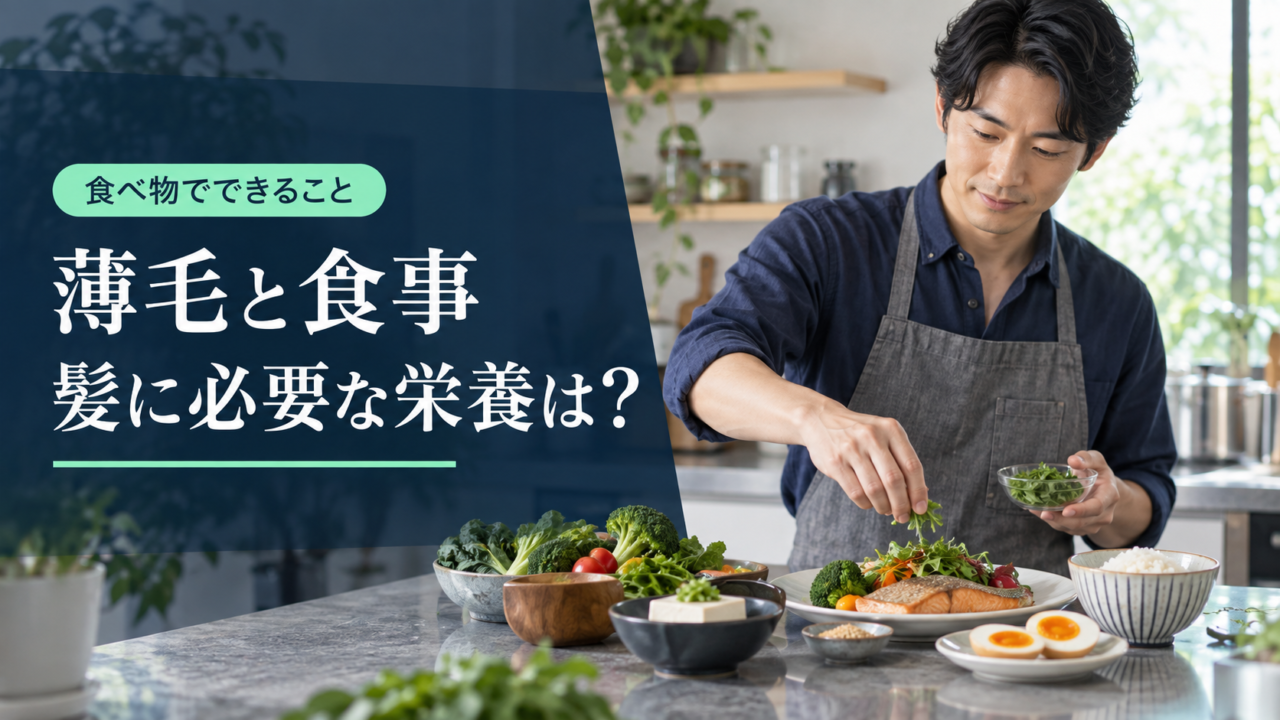 薄毛と食事、髪に必要な栄養をテーマに、男性がバランスのよい食事を準備するイメージ