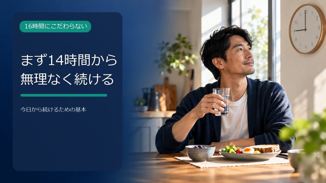 朝の食事と水を前に、時間制限食を考える男性と記事タイトル