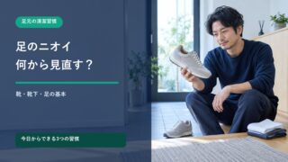 靴を確認する男性と足のニオイ対策のタイトル