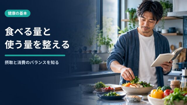 自宅で食事を準備しながら食事内容を記録する男性