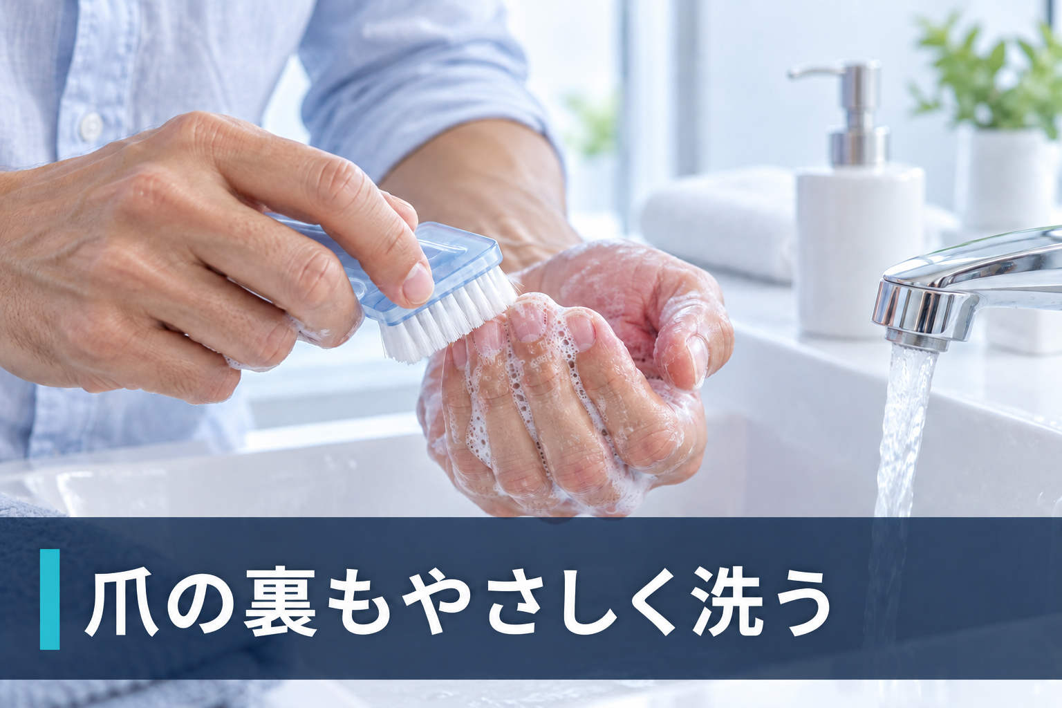 手洗い時に爪ブラシで爪の裏をやさしく洗うイメージ