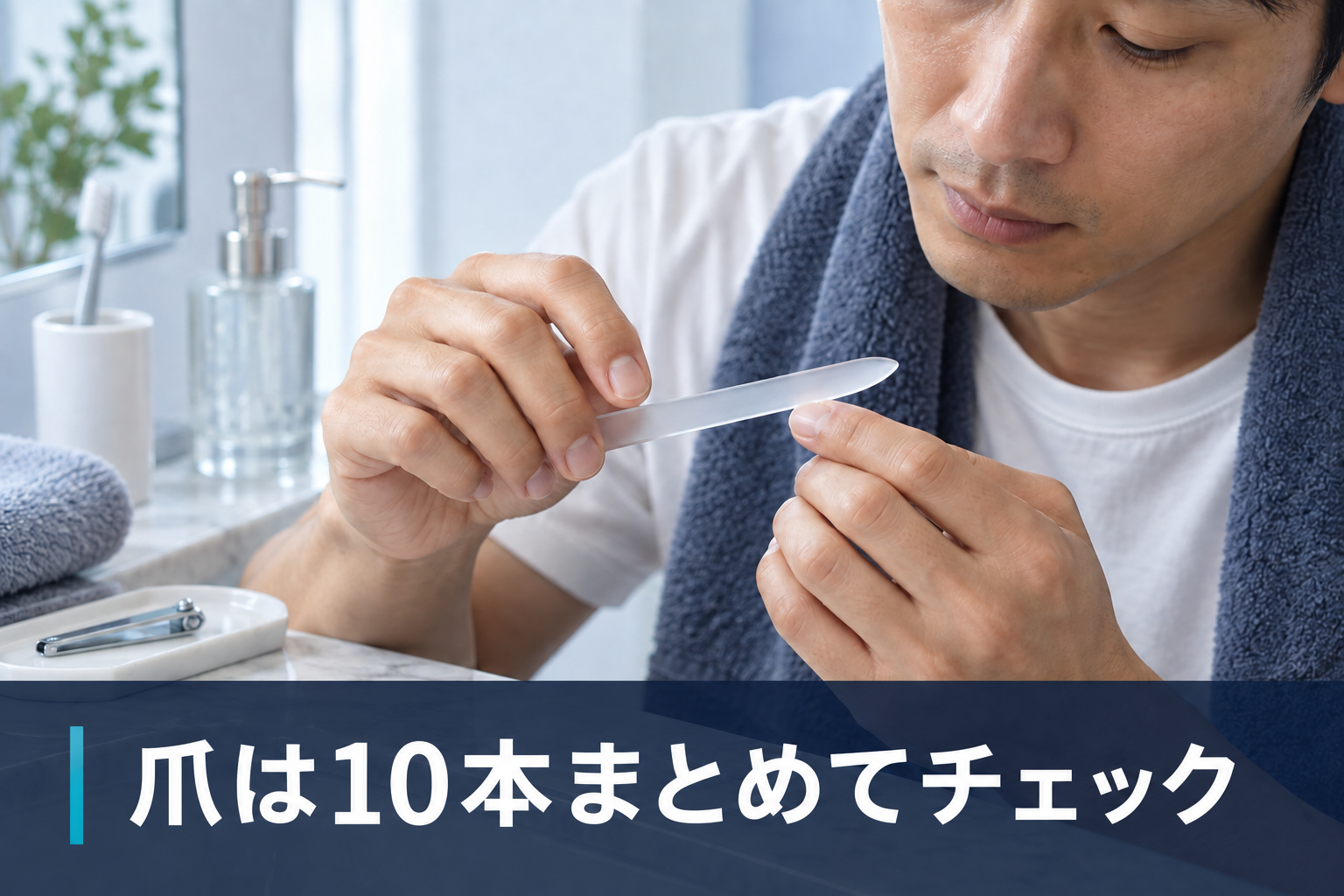 男性が爪やすりで爪先を整えるイメージ。爪は10本まとめてチェック