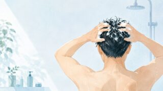 髪をやさしく洗う様子を描いた青白い 編集用 イラスト