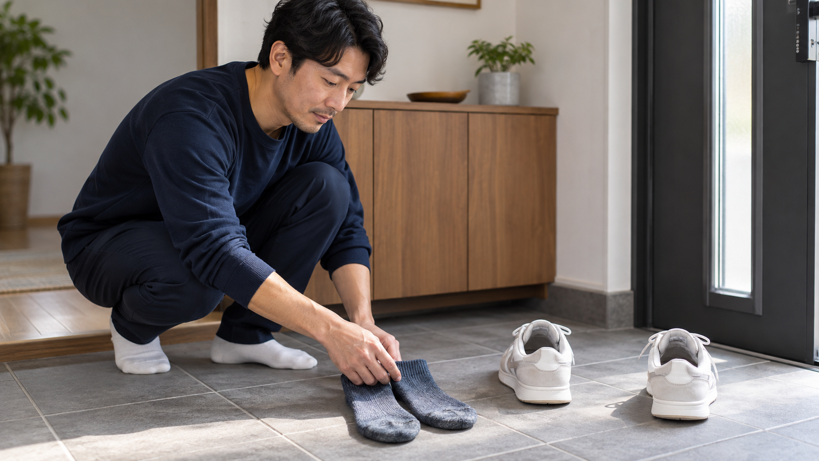 靴と靴下を整える男性のイメージ