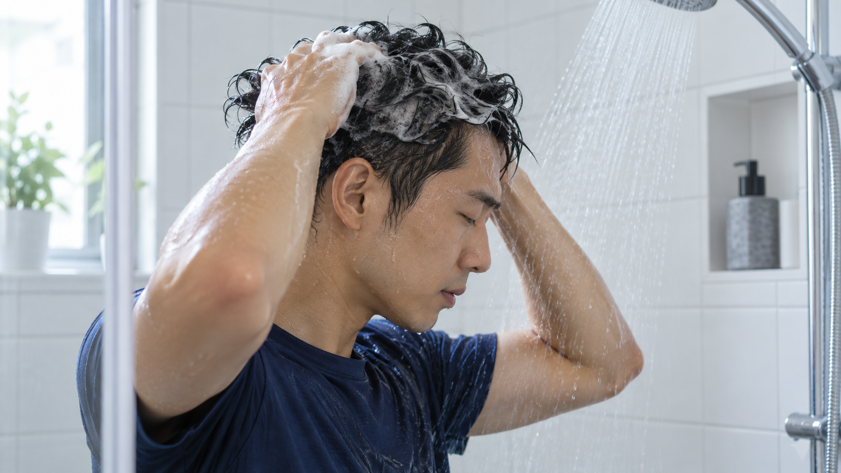 短髪男性が洗髪後の頭皮を確認するイメージ