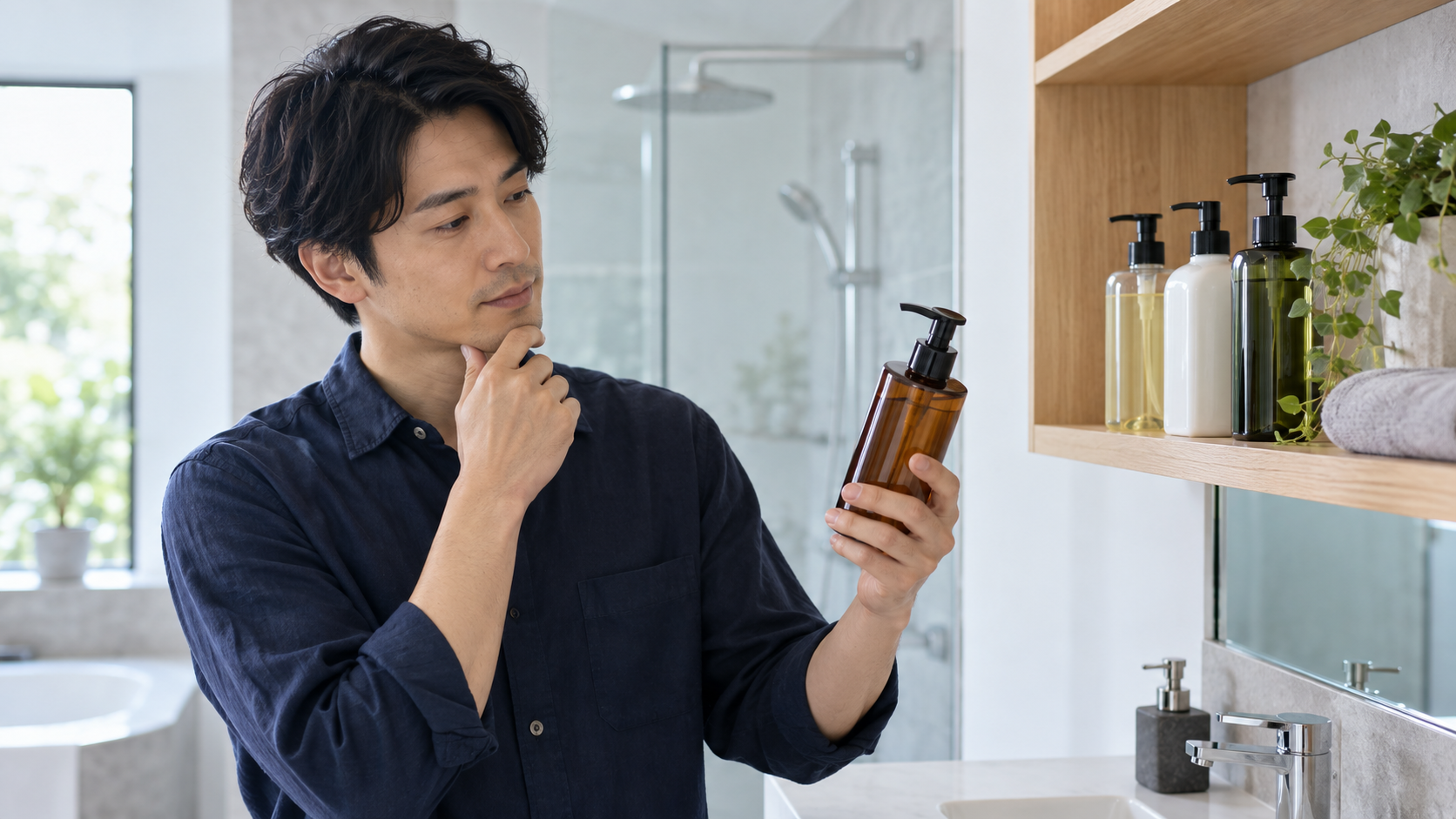 シャンプーの香りを選ぶ男性のイメージ