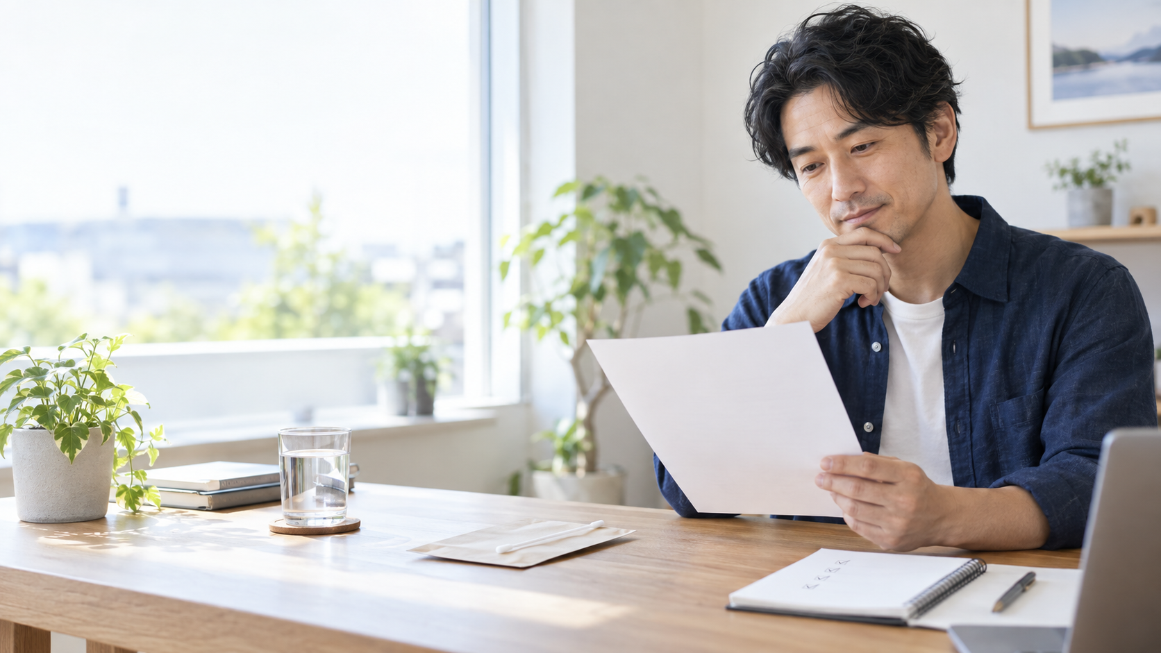 自宅で検査結果の資料を確認する男性