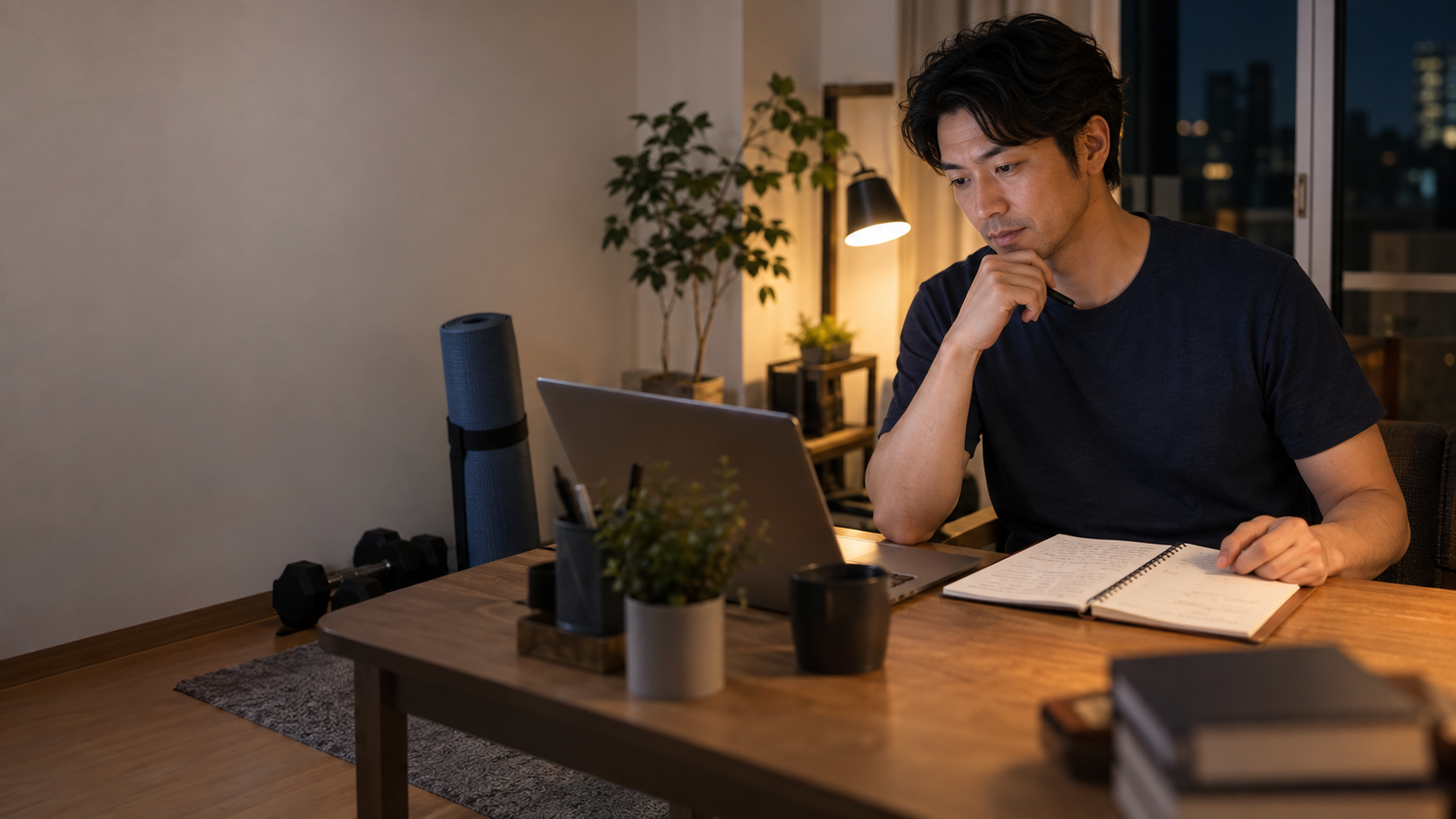 夜の自宅で運動計画を確認する男性