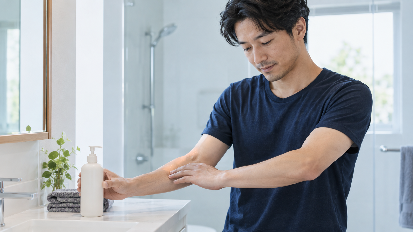 入浴後のボディケアを考える男性のイメージ