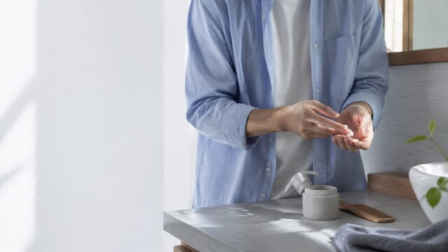 整髪料を少量手に取って使う日本人男性の手元