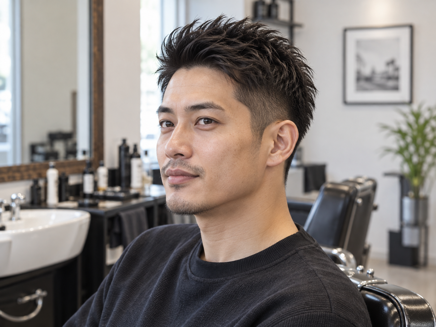 自然に前髪を上げたアップバング・ソフトモヒカンの男性の髪型イメージ