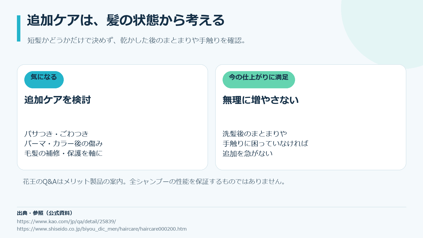 短髪の手触り、パーマやカラーの傷み、求める軽さから洗髪後のケアを選ぶ判断図