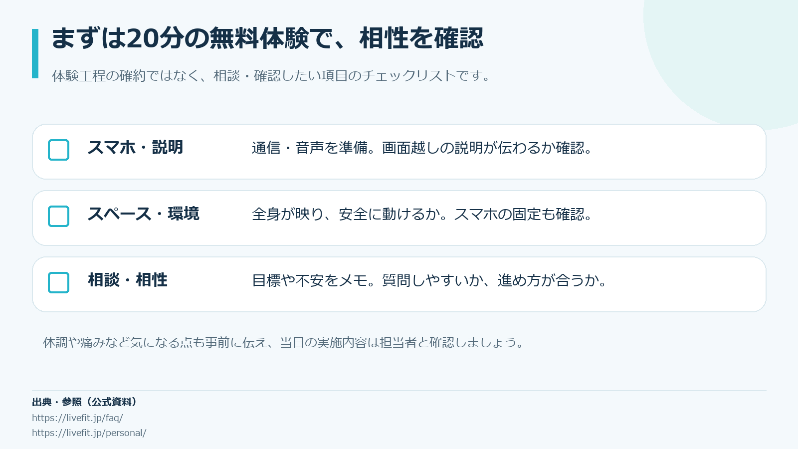 無料体験で確認する三つの軸。説明が分かるか、自宅で動けるか、質問しやすいか